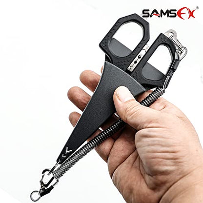 SAMSFX Fishing 6.5" Pro Fishing Scissos, Dual Serrated Blades, Braided Line Shears with Titanium Coating, Non-Slip Grip & Multifunction Tool, Come with Hard Molded Locking Sheath & Coiled Lanyad - color: A: Black Kraton Handle, Hard Sheath