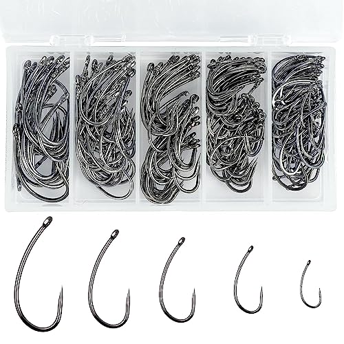 Barbless Fishing Hooks Kit, 200pcs Carp Fishing Hooks Curve Shank Fly Tying Hooks Small Sizes Barbless Live Bait Circle Hooks for Carp Hair Rig Fishing Tackle Saltwater Freshwater