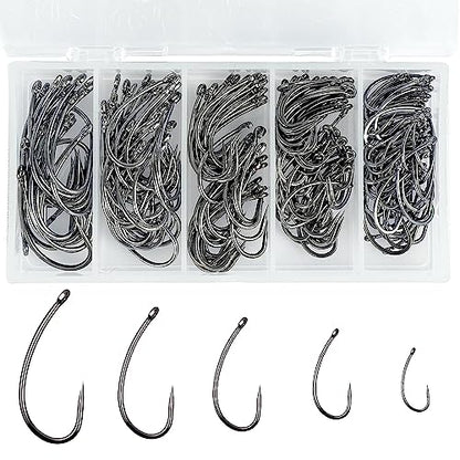 Barbless Fishing Hooks Kit, 200pcs Carp Fishing Hooks Curve Shank Fly Tying Hooks Small Sizes Barbless Live Bait Circle Hooks for Carp Hair Rig Fishing Tackle Saltwater Freshwater
