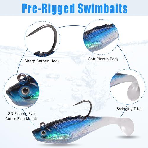 Pre-Rigged Swimbaits, 6/12pcs Paddle Tail Swim Baits Swim Shad Jig Head Fishing Lures Soft Plastic Swimbaits for Bass Trout Walleye Crappie - size: 2.36inch/0.13oz, style: 12pcs