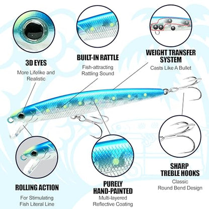 LUCKY CRAFT SW FlashMinnow 130MRS, 653 Super Glow OB Sexy Smelt, Saltwater Fishing Lures, Jerkbait Surf Fishing Gear, Halibut and Bass Lures, Sinking Topwater Lure with Neck Gaiter
