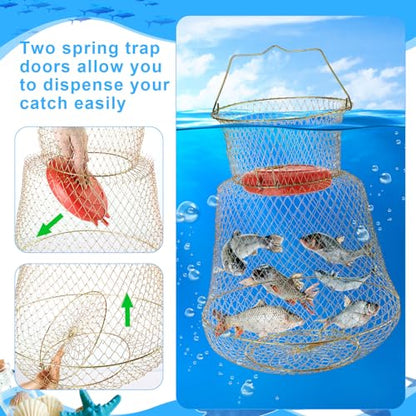 Hollowfly 2 Pcs Steel Wire Fish Basket and Fishing Landing Net with Extension Aluminum Telescoping Pole Includes 1 Portable Fishing Net with Handle 1 Collapsible Wire Fishing Basket for Women Men