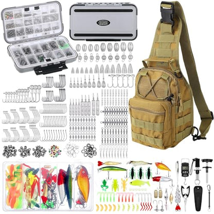 Sosation 482 Pcs Fishing Sling Tackle Bag Set Fish Tackle Box Backpack Storage Fishing Gear and Equipment Included Fish Hook Remover Tool Lures Lip Gripper, Gift for Men - color: Khaki