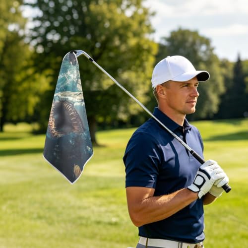 Shark Fish Pattern Magnetic Golf Towel for Golf Bags Microfiber Golf Essentials for Women Men with Carabiner Clip Attaches to Carts and Clubs, 17.7"x17.7"