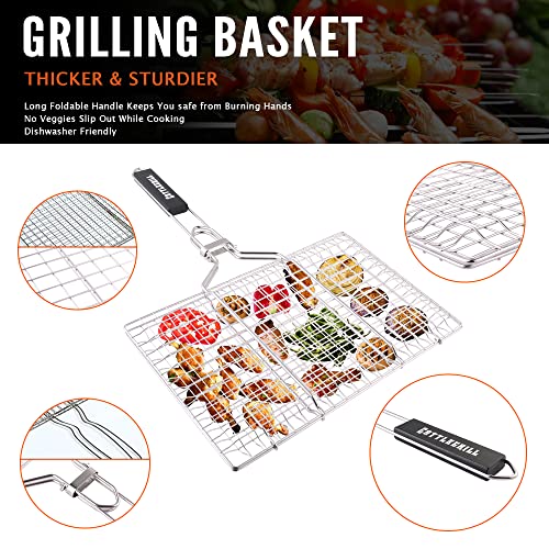 Foldable BBQ Fish Grill Basket with 430 Stainless Steel, Grill Set Includes: a Reusable Grill mat and a basting Brush.