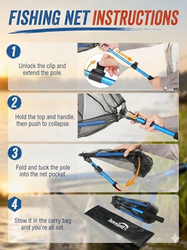 Jenseits Foldable Fishing Landing Net with Telescopic Aluminum Handle, Rubber Coated Fish Net, EVA Floating Frame, Lightweight Extendable Net for Kayak Boat Bass Trout Fishing, Great Gifts for Men