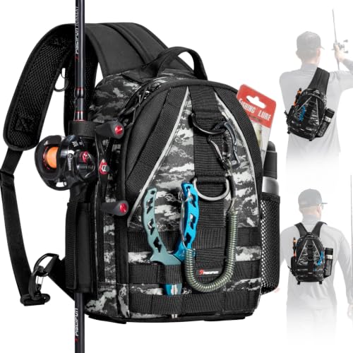 Piscifun Fishing Backpack with Rod Holder, Lightweight Sling Bag Storge Gear and Equipment - color: Black Camouflage, size: Standard, style: Urban