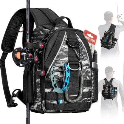 Piscifun Fishing Backpack with Rod Holder, Lightweight Sling Bag Storge Gear and Equipment - color: Black Camouflage, size: Standard, style: Urban