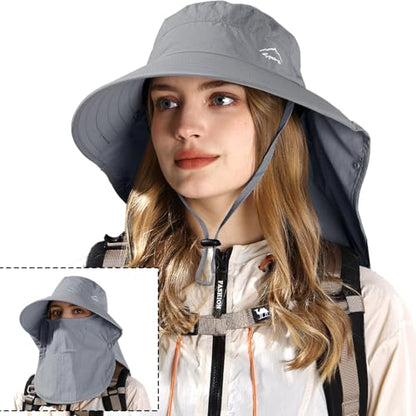 Rosoz Sun Hat for Men Women with Neck Flap,Wide Brim UPF50+ Fishing Hat with Detachable Face Cover Outdoor Sun Protection Hat - color: 1pack-dark Grey