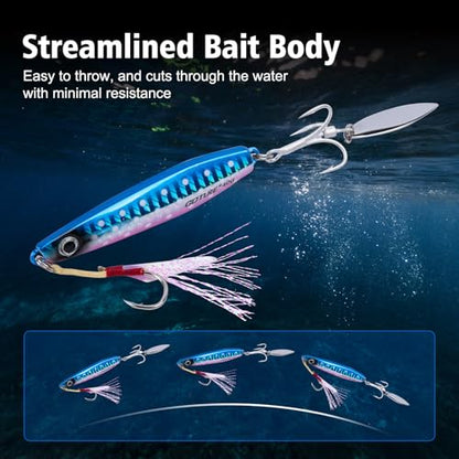 Goture Fishing Jigs, 40g 60g Vertical Jig Saltwater Freshwater, Jig Fishing Lures with Assist Hooks and Treble Hook, Jigging Spoon Lures for Tuna, Salmon,Striped Bass, Grouper Snapper,Kingfish - color: B2:3pcs Fishing Jigs, size: 1.41oz/40g