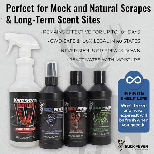 Buck Fever Synthetic Buck Lure Pro Pack – Synthetically Formulated 4-Piece Deer Scent Attractant Combo w/ Vanishing Hunter 32 oz, Rut Scents 8 oz & Forehead Gland 8 oz - Fresh, Non Spoiling Deer Lure