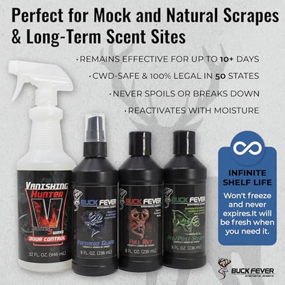 Buck Fever Synthetic Buck Lure Pro Pack – Synthetically Formulated 4-Piece Deer Scent Attractant Combo w/ Vanishing Hunter 32 oz, Rut Scents 8 oz & Forehead Gland 8 oz - Fresh, Non Spoiling Deer Lure