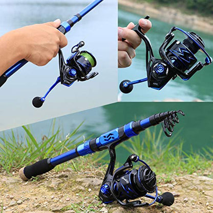 Sougayilang Fishing Rod and Reel Set Carbon Fiber Telescopic Fishing Rod 12+1BB Spinning Reel with Carry Case for Saltwater Freshwater - color: blue, size: 5.91 ft - 2000