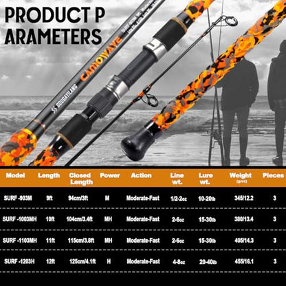 Sougayilang Surf Spinning Fishing Rod Carbon Travel Surf Rod M/MH 3 Piece Spinning Fishing Rod 9'/10'/11'/12' - color: orange, size: 9ft-Spinning-3Pc-M