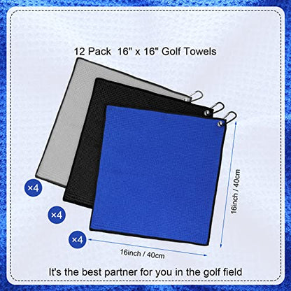 Batiyeer 12 Pcs Golf Towel Bulk for Golf Bags Microfiber Fabric Towel with Clip Waffle Pattern, Fitness, Camping, Hiking, Yoga - color: Black, Gray, Blue
