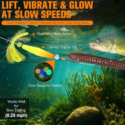 Dovesun Crawler Harness Walleye Rigs with Dual-Wing Blade, Float Walleye Spinner Rig for Slow Trolling (0.25 mph), Fluorocarbon Worm Harness, 2 Hook Walleye Fishing Rigs, 7 Pack - size: Dual #2 Octopus Hooks