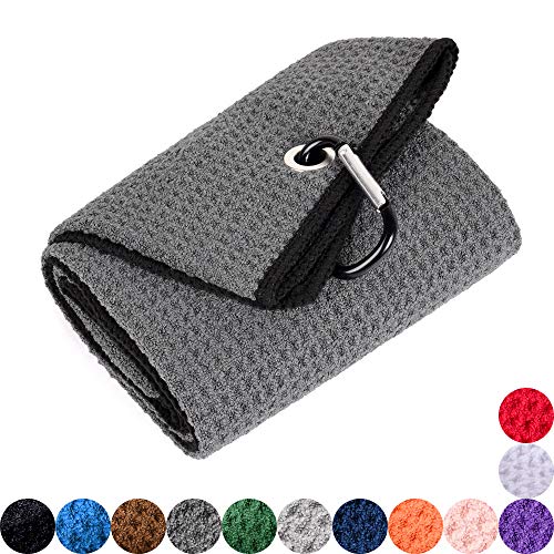 Mile High Life Microfiber Waffle Pattern Golf Towel | Club Groove Cleaner Brush | Foldable Divot Tool with Magnetic Ball Marker (Dark Gray Towel/Brush/Fish Divot) - color: Dark Gray Towel/Brush/Fish Divot