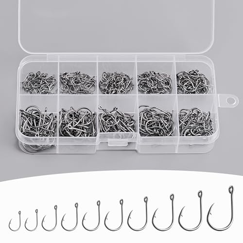 200pcs 10 Sizes Fishing Hooks with Portable Plastic Box, Carbon Steel Strong Sharp Fish Hook with Barbs for Seawater & Freshwater Catfish Trout Bass Octopus, Fishing Gift for Men
