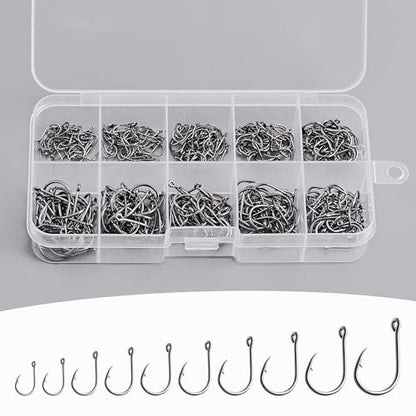 200pcs 10 Sizes Fishing Hooks with Portable Plastic Box, Carbon Steel Strong Sharp Fish Hook with Barbs for Seawater & Freshwater Catfish Trout Bass Octopus, Fishing Gift for Men