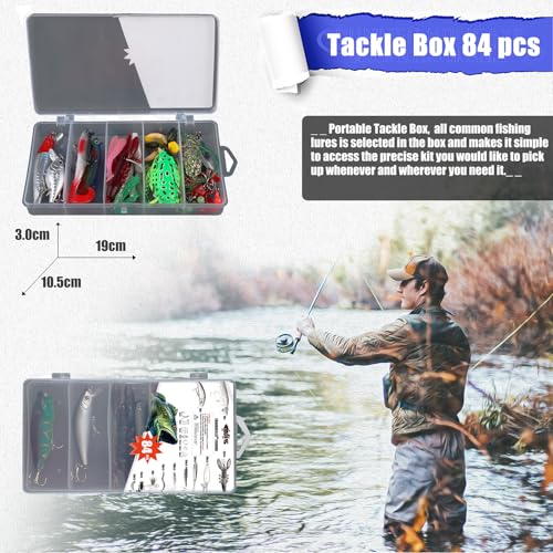 EXAURAFELIS Fishing Lures Tackle Kit, Mixed Hard & Soft Baits Metal Spoons Fishing Accessories for Bass Trout Pike Freshwater Saltwater Fishing - color: 84pcs