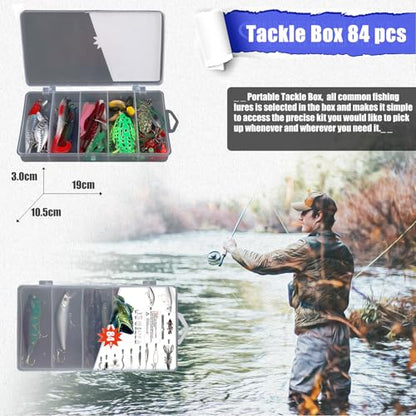 EXAURAFELIS Fishing Lures Tackle Kit, Mixed Hard & Soft Baits Metal Spoons Fishing Accessories for Bass Trout Pike Freshwater Saltwater Fishing - color: 84pcs