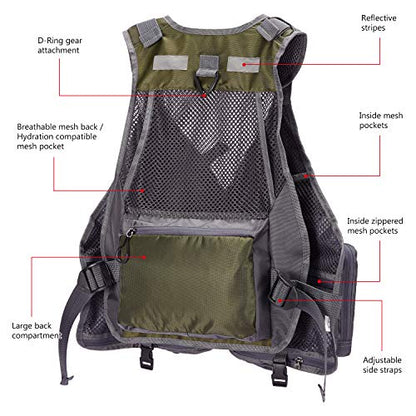 BASSDASH Strap Fishing Vest Adjustable for Men and Women, for Fly Bass Fishing and Outdoor Activities - color: Army Green With Hard Shell Flies Pockets