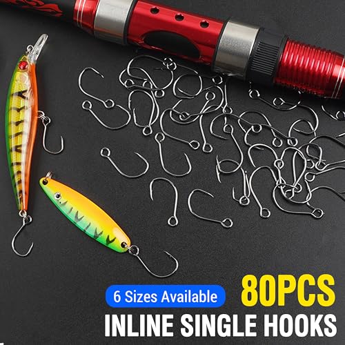 Inline Single Hooks, 80pcs Single Replacement Hooks for Hard Lure Baits Inline Circle Hooks Large Eye Fishing Lure Hooks for Treble Hook Replacement Saltwater Freshwater - size: 1#-80pcs