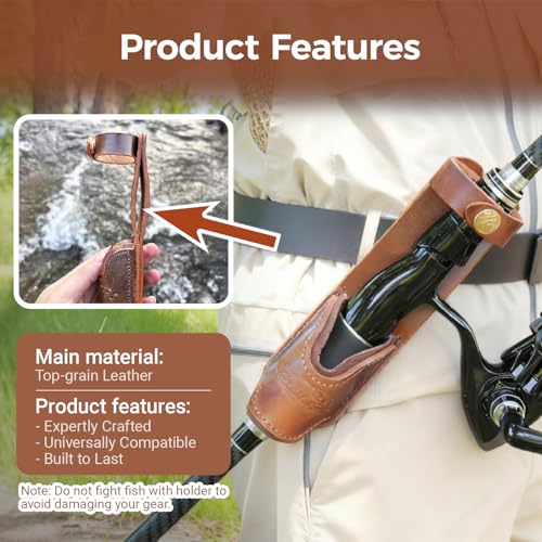 Brown Leather Fishing Rod Holster | Single Slot Belt Mount Carrier for Surf Fishing & Wading | Hands-Free Compatible with Fly Reels and Spinning Reels - color: Dark Brown