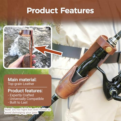 Brown Leather Fishing Rod Holster | Single Slot Belt Mount Carrier for Surf Fishing & Wading | Hands-Free Compatible with Fly Reels and Spinning Reels - color: Dark Brown