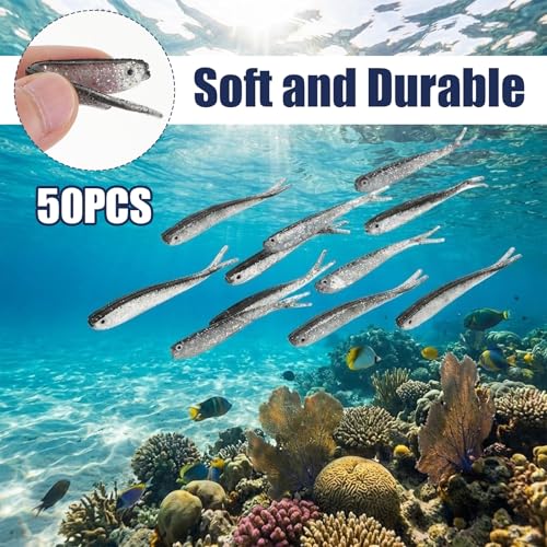50 PCS Crappie Jigs, Soft Plastic Crappie Lures, Lifelike Forked Tail Minnow Baits, Scented Rubber Lures for Freshwater and Saltwater Bass, Trout, Walleye