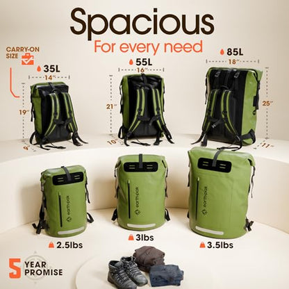 Earth Pak Waterproof Backpack - Heavy Duty Hiking Backpack - Roll-Top Closure Bag - Cushioned Dry Bag Waterproof Phone Case - color: Green, size: 85L