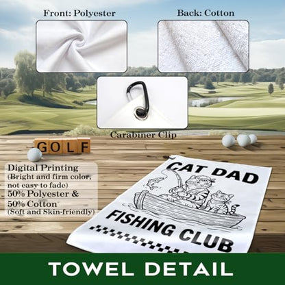 Cat Dad Fishing Club Polyester Printed Towel with Clip, Funny Cats Fish Gifts & Accessories for Men Fishmen Dad Cat Lover Grandpa, Fishing Lover Retirement Father's Day Birthday Gifts - color: White & Black