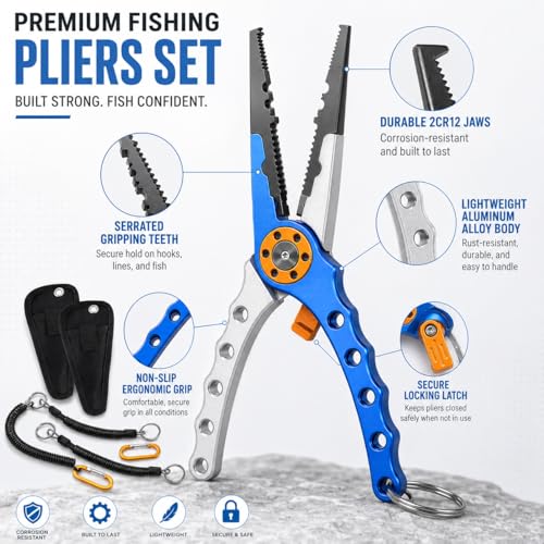 2 Pack Fishing Pliers Saltwater, Aluminum Fish Pliers with Black Sheath and Coiled Lanyard, Jaw Fishing Hook Remover, Split Ring Tool and Line Cutter for Boat, Kayak and Fly Fishing