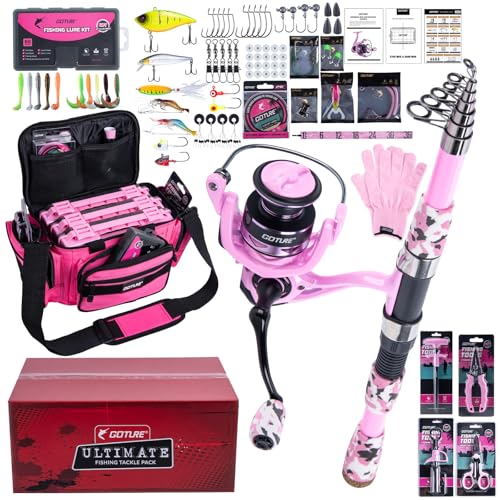 Goture Fishing Kits for Adult,Fishing Pole and Reel Combo, OpenSide Fishing Sling Tackle Storage Bag with 3 Tackle Boxes,Gift for Men - color: Pink 17L Bag + 3600 Trays +Basic Bait Set(Gift Boxed), size: 9FT/2.7M