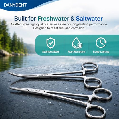Fishing Forceps Set of 2 – 5 Inch Curved & 6 Inch Straight Stainless Steel Hemostats, Serrated Jaws, 3-Position Locking Mechanism, Lightweight Hook Remover Tool
