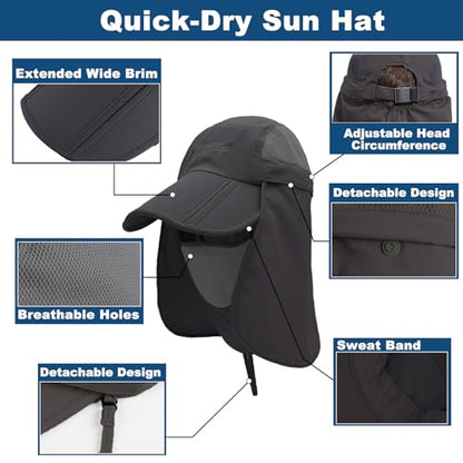 Surblue Neck Face Flap Outdoor Cap UV Protection Sun Hats Fishing Hat Quick-Drying UPF50+ - color: Grey, size: Medium