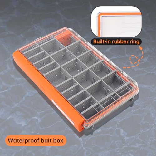 Conskyee Waterproof Fishing Tackle Box, Clear Terminal Tackle Storage Organizer with Removable Dividers, Portable Fishing Lure Box Bait Vault (Orange, S)
