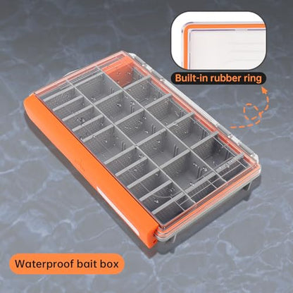 Conskyee Waterproof Fishing Tackle Box, Clear Terminal Tackle Storage Organizer with Removable Dividers, Portable Fishing Lure Box Bait Vault (Orange, S)