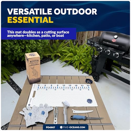 Five Oceans Nonslip Fish Fillet Mat Kit 28" x 14", White - Complete Fish Cleaning Set with Knife, Cut-Resistant Gloves, Fish Scaling Tool & Scrubbing Brush for Home Kitchen, Patio & Outdoor - FO4907 - color: Fish Fillet Mat Kit
