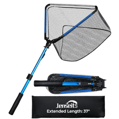 Jenseits Foldable Fishing Landing Net with Telescopic Aluminum Handle, Rubber Coated Fish Net, EVA Floating Frame, Lightweight Extendable Net for Kayak Boat Bass Trout Fishing, Great Gifts for Men