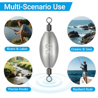 Polsefve Inline Trolling Fishing Weights with Inner Swivels, Oval Drop Casting Sinkers Lead Sinker Tackle for Catfish Bass Saltwater & Freshwater Bottom Fish(10g/15g/20g/30g/40g/60g) - color: 3/4oz-15pcs
