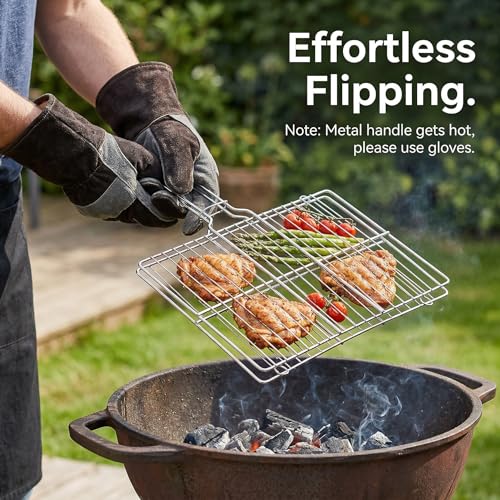 Stainless Steel Fish Grill Basket for Outdoor BBQ, Heavy Duty Lockable Grilling Rack for Fish Vegetables Steak Veggies Shrimp Meat, Portable Campfire Cooking Mesh Grate Tool, 12 x 8 Inch