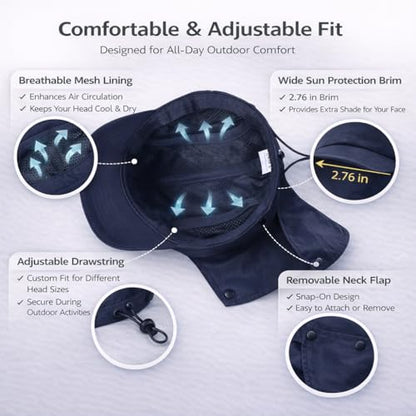 Mens L/XL/XXL Sun Hat with Removable Neck Flap UPF 50+ Fishing Hat Waterproof Quick Dry Breathable Baseball Cap for Cycling - color: Navy Blue, size: X-Large-XX-Large