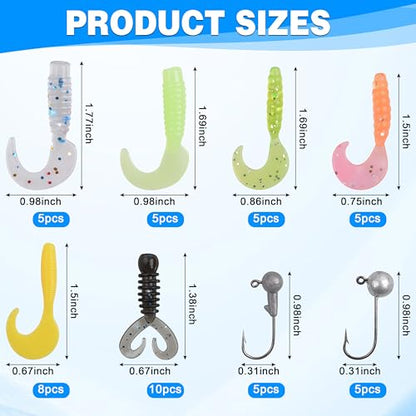 Grub Lures Fishing Jigs Head Hooks Kit- Crappie Jigs Soft Plastic Grub Tail Worm Lure Bait Buster Tubes Baits for Bass Trout Saltwater Freshwater Fishing - color: 48pcs kit