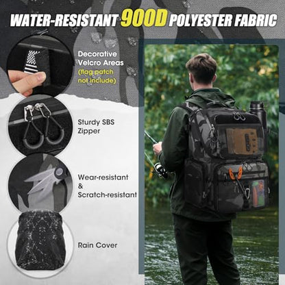RAINSMORE 45L Fishing Backpack with Rod Holders & Rain Cover Large 900D Water-resistant Fishing Tackle Bag Store Fishing Gear - color: Black Gray Camouflage