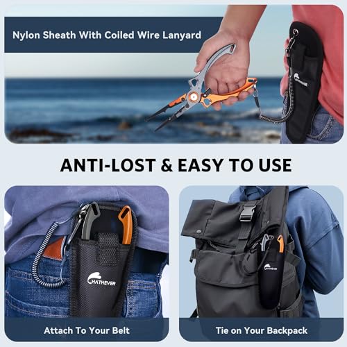Fishing Pliers Hook Remover, Saltwater Split Ring Pliers with Safety Lock, Fishing Gear with Sheath and Lanyard, Fishing Gifts for Men - color: Orange