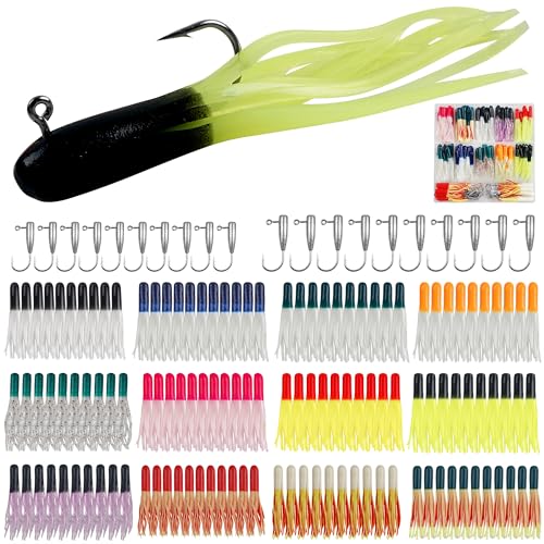 Soft Plastic Fishing Lure Jig Head Hook Kit,Grub Worm Lures Crappie Jigs Head Grub Tail Swimbait Tube Bait Jigs for Saltwater Freshwater, Trout Crappie Fishing - color: 140PCS Sets