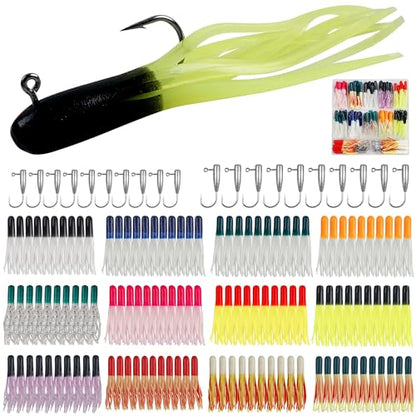 Soft Plastic Fishing Lure Jig Head Hook Kit,Grub Worm Lures Crappie Jigs Head Grub Tail Swimbait Tube Bait Jigs for Saltwater Freshwater, Trout Crappie Fishing - color: 140PCS Sets