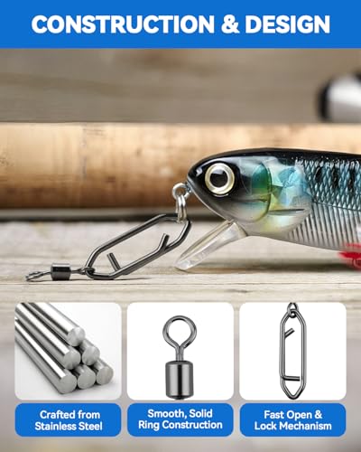 110 Pcs High Strength Fishing Swivels, Stainless Steel Snap Swivels with Quick Change Clips, Saltwater Freshwater Fishing Accessories, Black Nickel Coated