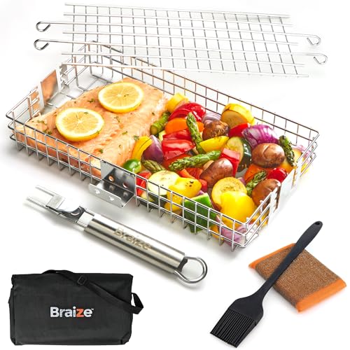 Adjustable Grill Basket with Removable Handle – 4 Height Levels for Vegetables, Meat, Fish & More – Locking Lid - Basting Brush, Scrub Sponge & Storage Bag for Outdoor Cooking - size: Adjustable w/ Sponges